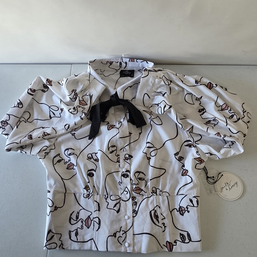 Milk & Honey Tie Neck Shirt XL Faces Print Button-up Top Long Sleeve Artsy NEW - Picture 4 of 13